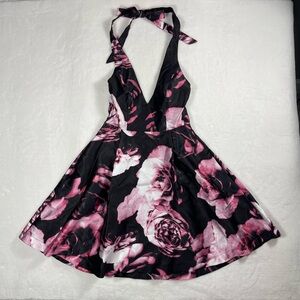 Aakaa Black and Floral Fit  & Flare Dress w/ Pink Blooms and a tie behind neck